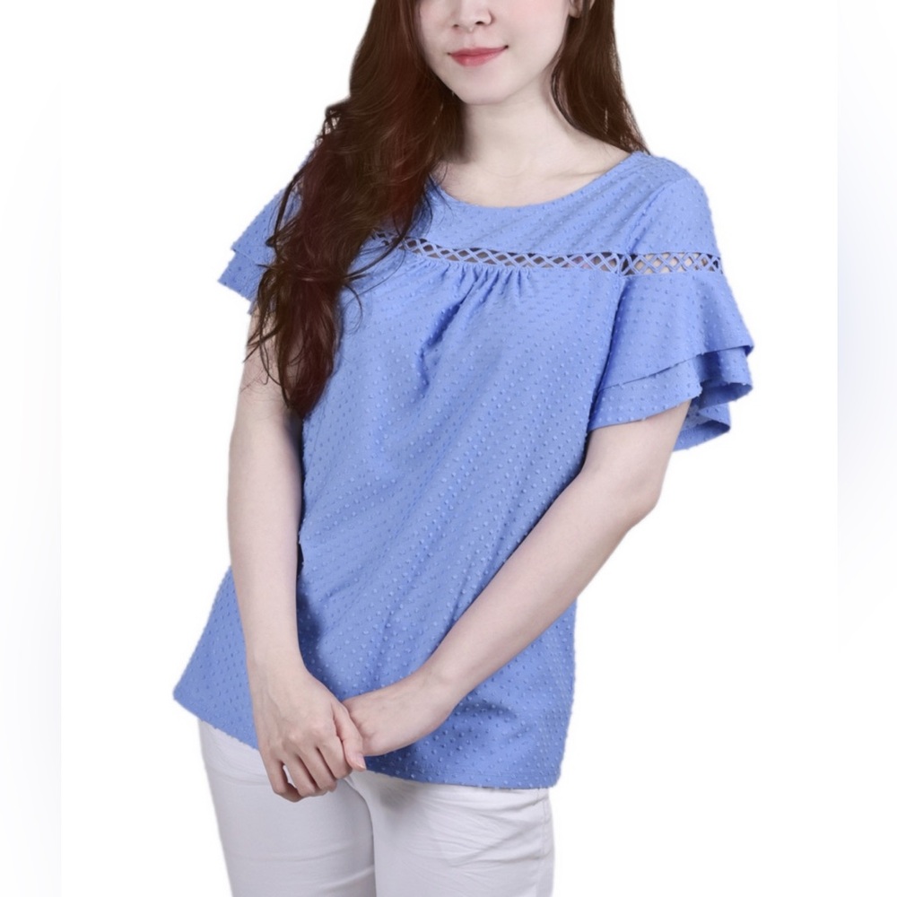 New NOTATIONS Women's petites Short Double Flutter Sleeve Swiss Dot Top - Picture 1 of 1